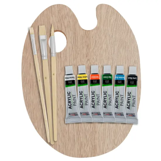 U.S. Art Supply Artist Painting Set with 6 Vivid Acrylic Paint Colors, Wood Painting Palette, 3 Brushes - Fun Kids, Students, Beginners Starters Kit {1}
