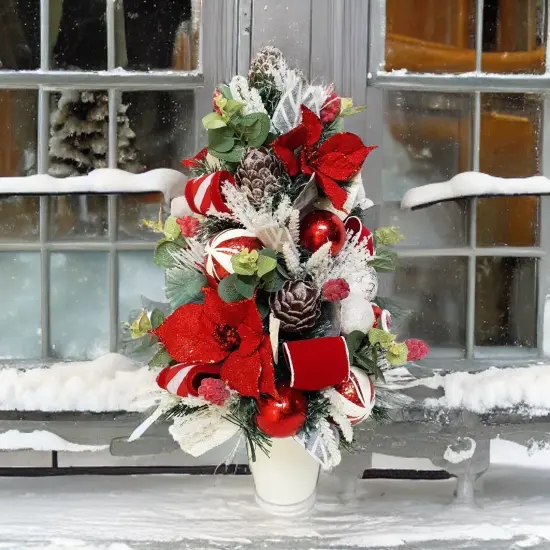 22" Red Poinsettia Tabletop Cone Tree w/ Pot - Handcrafted Christmas Decorations - Holiday Tree {2}