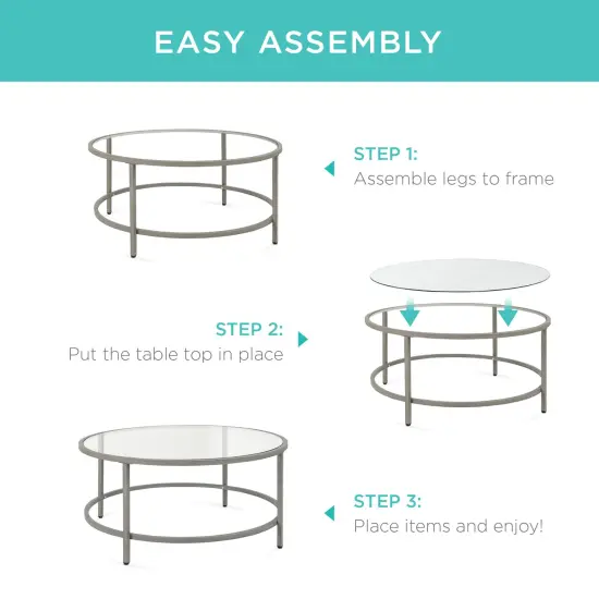 Best Choice Products 36in Round Tempered Glass Coffee Table for Home, Living Room, Dining Room Gray {6}