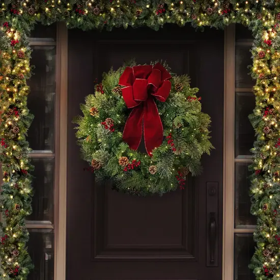 Haute Decor Classic 30-inch Pre lit Christmas Wreath for Front Door - Large Size Door Wreath with Warm White Energy-Efficient LED Lights on Battery Operated Automatic Timer {2}