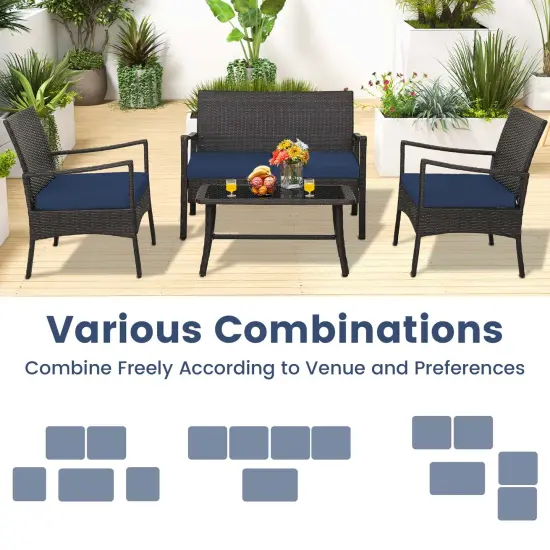 Costway 4PCS Patio Rattan Wicker Furniture Set Cushioned Sofa Armrest Coffee Table Navy {2}