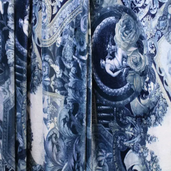 1 Yard Blue Renaissance Print Stretch Velvet Fabric for Dancewear Leggings Costumes Streetwear (36" x 60") Inches Wide {4}