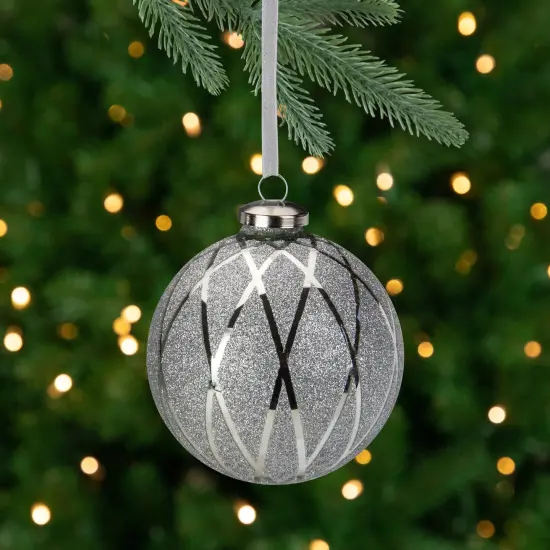 Northlight Argyle Glittered Christmas Glass Ball Ornament - 4" - Silver {1}