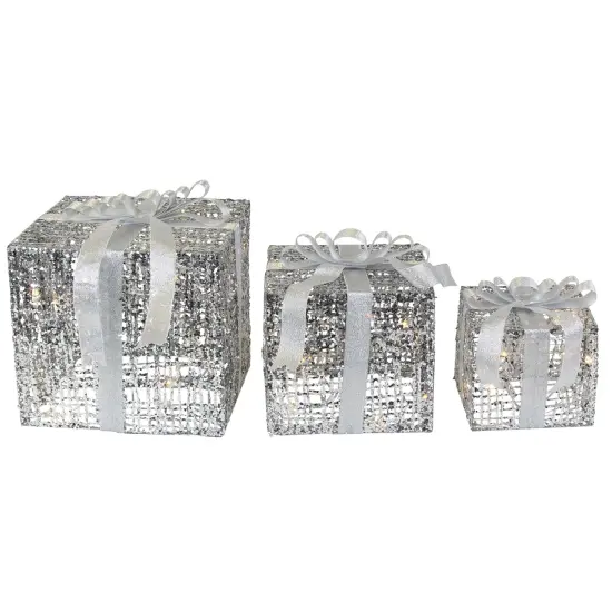 Northlight Lighted Glitter Threaded Gift Boxes Outdoor Christmas Decoration - Silver - Set of 3 {6}
