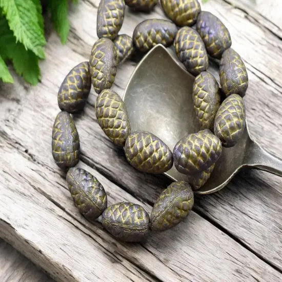 *10* 13x8mm Gold Washed Opaque Teal Metallic Pine Cone Beads {4}