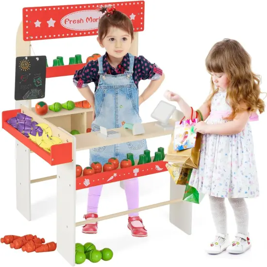 Costway Grocery Store Marketplace Toy Wooden Market Stand Pretend Play Set with 36 Fruit Veggies Pieces {7}
