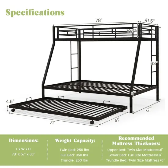 Costway Twin Over Full Metal Slats Bunk Bed Frame with Trundle, Guard Rail & Ladders White/Black {3}