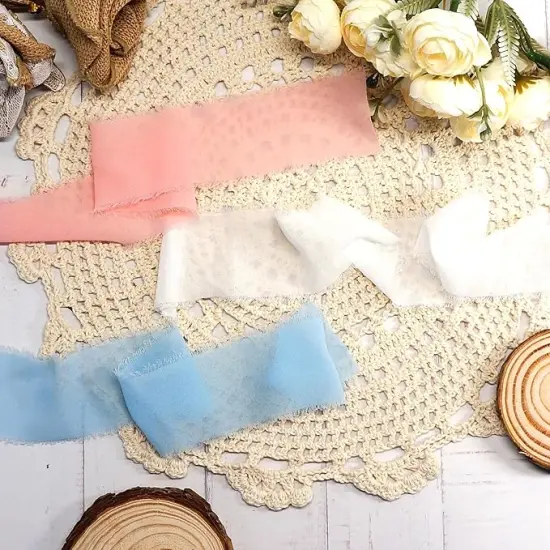 Frayed Chiffon Ribbon 2 inch x 8 Yards x 3 Rolls Light Blue White Pink for Christmas Home Decor Gift Wrapping DIY Crafts Wedding Invitation Bouquets {3}