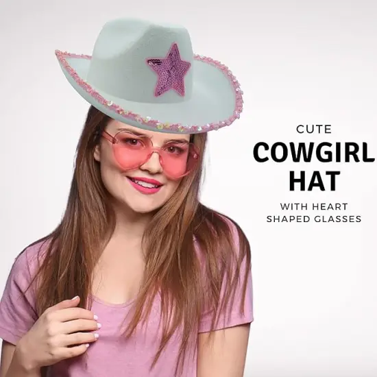 4E's Novelty White Cowgirl Hat with Pink Star, Brim Sequins and Light Pink Heart Sunglasses - Sparkly Cowgirl Hat Perfect Cowgirl Costume for Girls {3}