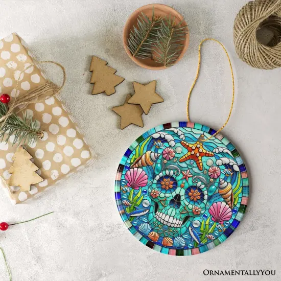 Oceanic Oasis Sugar Skull Stained Glass Style Ornament, Marine Wonder Christmas Gift and Decor {5}