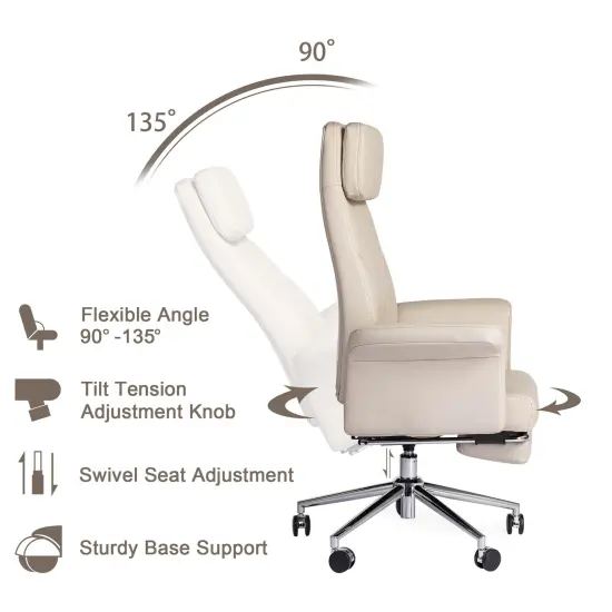 Modern Deluxe Faux Leather Gaslift Adjustable Swivel High Back Office Chair with Footrest and Armrest Ivory {12}