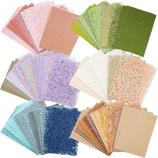 96 Sheets Textured Scrapbook Paper and Mesh Fabric Assorted Set - 6 Pack Mixed Special Paper for Scrapbooking Planner Bullet Junk Journal Supplies Mixed Media Collage Card Embellishments 3.9x5.5 Inch {1}
