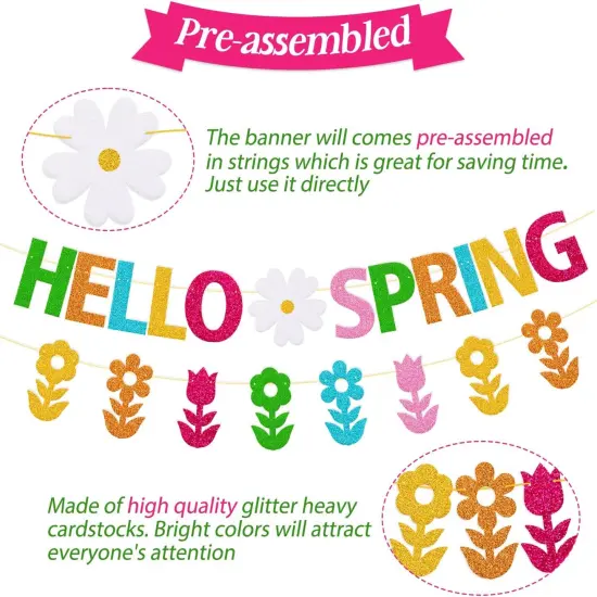 Hello Spring Banner Welcome Spring Party Decorations with Bouquet of Flowers Garland for Kids Boy Girl Celebrate Happy Spring Colorful Glitter Party Supplies {3}