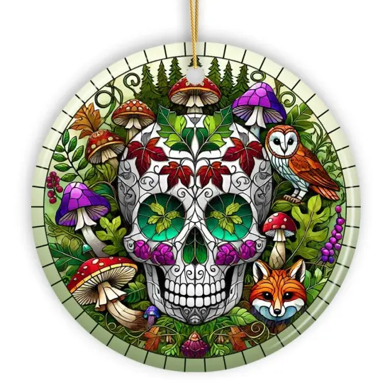 Enchanted Woodland Sugar Skull Ornament, Mystical Forest Christmas Gift and Decor {7}