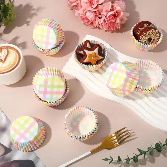 300Pcs Pastel Plaid Paper Baking Cups Colorful Checkered Cupcake Liners Muffin Liner Cake Paper Cups Storage Container for Spring Party DIY Craft, 2x1.2 Inch {4}