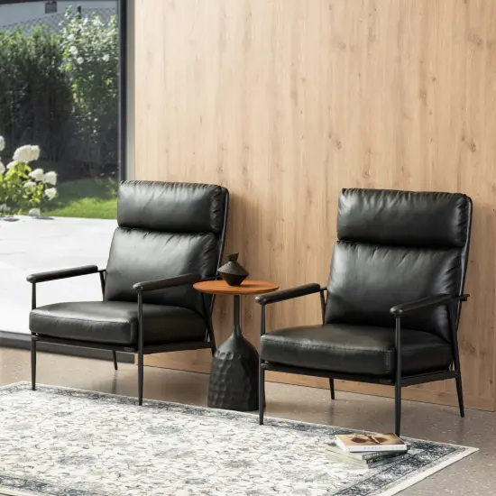 33.75"W Mid-Century Modern Leatherette Armchair With High Back and Padded Arms Set of 2-Black {2}