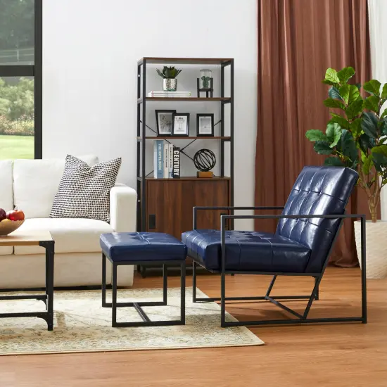 Set of 2 Modern Hunter Thick Leatherette Accent Chair & Accent Stool Blue {3}