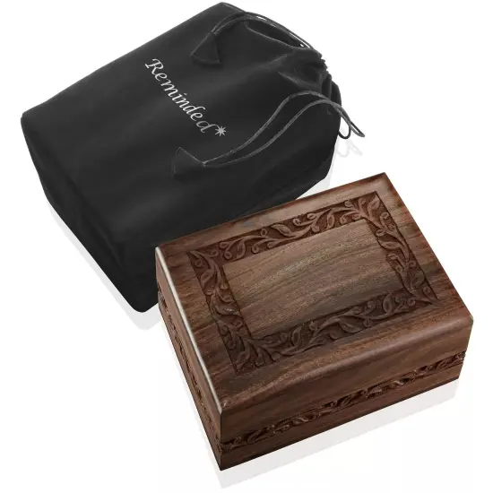 Rosewood Hand-Carved Wood Memorial Cremation Box with Velvet Bag - Medium {1}