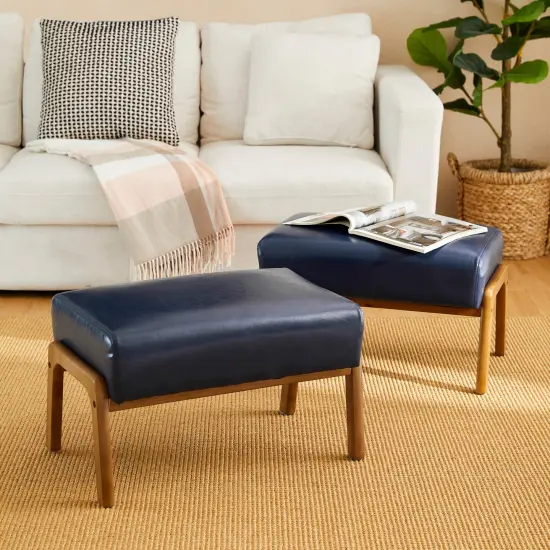 Mid-century Modern Leatherette Accent Stool with Walnut Rubberwood Legs {9}