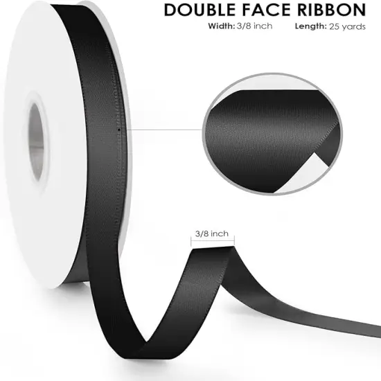 Solid Double Face Fabric Ribbon, 3/8" X 25 Yards, Polyester Satin Ribbons Perfect for Crafts, Gift Package Wrapping, Wedding Decorations, Baby Shower - Black {2}