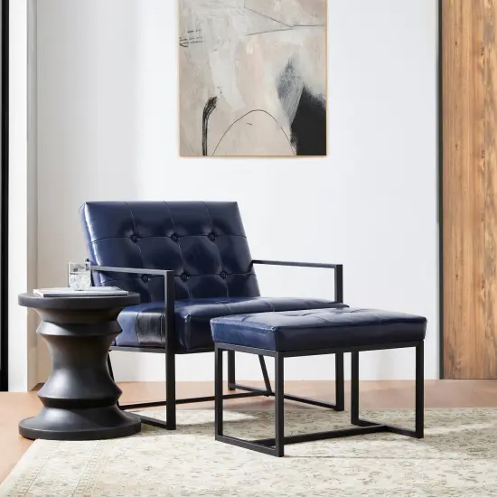 Set of 2 Modern Hunter Thick Leatherette Accent Chair & Accent Stool Blue {1}