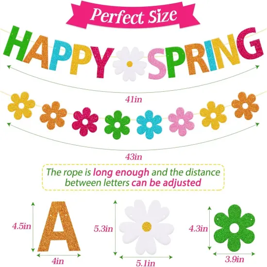 Happy Spring Banner Hello Spring Party Decorations with Flowers Garland for Kids Boy Girl Celebrate Welcome Spring Colorful Glitter Party Supplies {2}