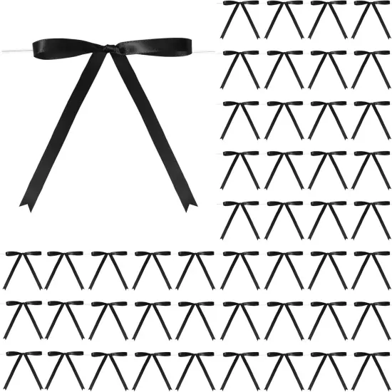 50 Pcs Twist Tie Bows 5x7 Inch Satin Ribbon Bows for Gift Wrapping Cake Treat Bags Craft DIY Gift Wedding Baby Shower Birthday Party Decorations(Black) {1}