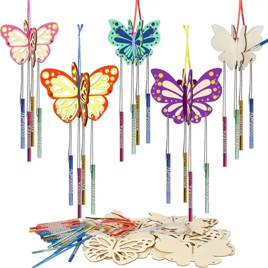 8 Pack 3D Butterfly Wind Chime Kit for Kids Make Your Own Butterfly Wind Chime Wooden Arts and Crafts for Kids DIY to Paint Butterfly Craft for Winter Spring Art Activity Birthday Party {1}