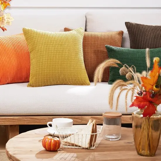 Corduroy Throw Pillow Covers, Soft & Decorative Cushion Covers, Machine Washable, Set of 2 for Sofa, Couch, Bedroom & Living Room, Orange, 22x22 Inch {2}