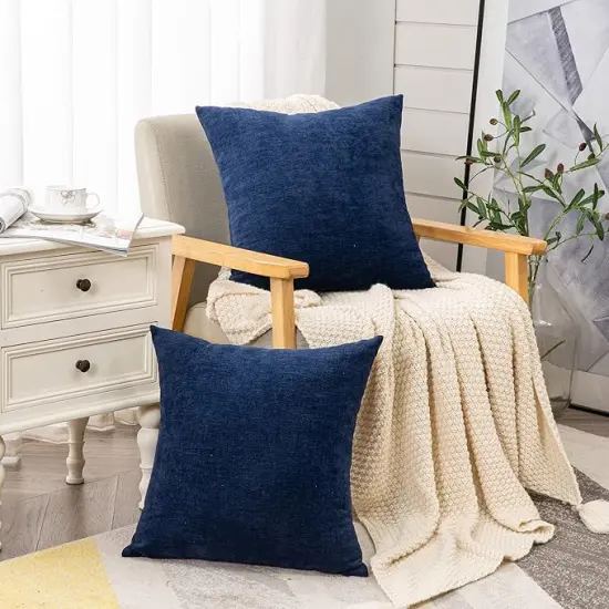 Decorative Square Throw Pillow Covers 18"x18" Inch Set of 2, Super Soft Chenille Pillows Cover Fall Pillowcase for Living Room Bedroom Sofa Couch Cushion Cover Navy Blue 45x45cm {3}