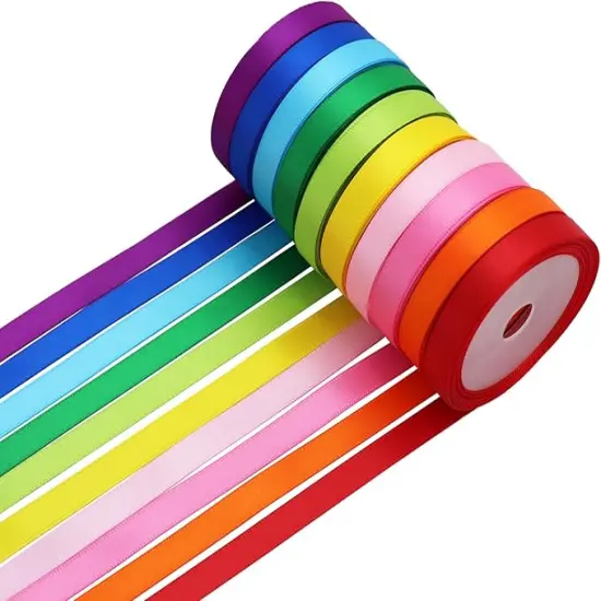 Rainbow Satin Ribbon Double Faced Ribbon 10 Colors, 3/8 Inch Fabric Ribbon Use for Gift Wrapping,Flower Bouquet, Wedding Party Decoration, Hair Bows, DIY Crafts, 5 Yards/Roll,Total 50 Yards {1}