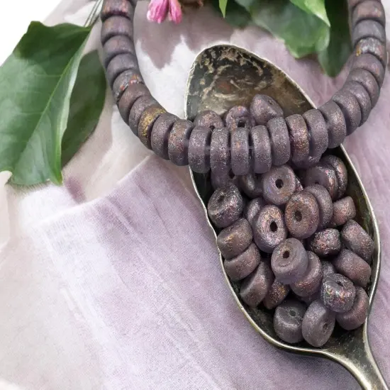 *50* 6x3mm Metallic Purple Washed Etched Thistle Heishi Rondelle Beads {1}