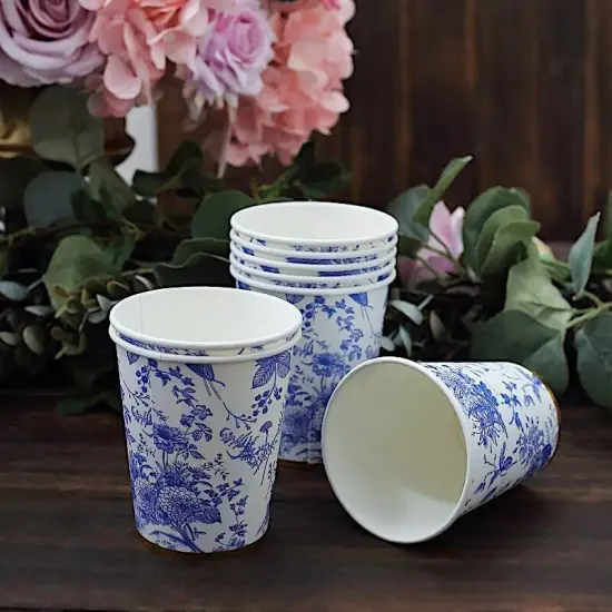 24 White 9 oz Blue Floral Design Disposable Paper Drinking CUPS Gold Rim Party {5}