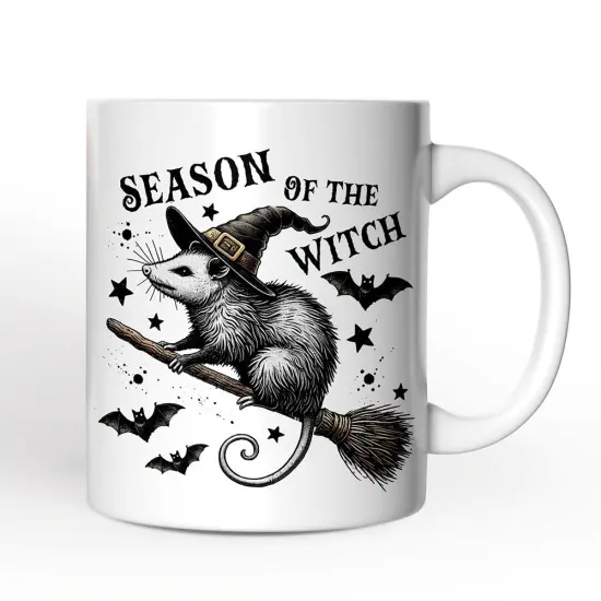 Funny Opossum Witch with Broom Mug, Vintage Halloween Gift {1}