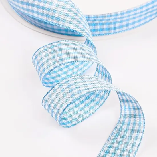 Gingham Ribbon Checkered Ribbon 1-Inch Wide Taffeta Plaid Ribbon 25 Yard Long 100% Polyester Woven Edge (Light Blue, 1 Inch) {4}