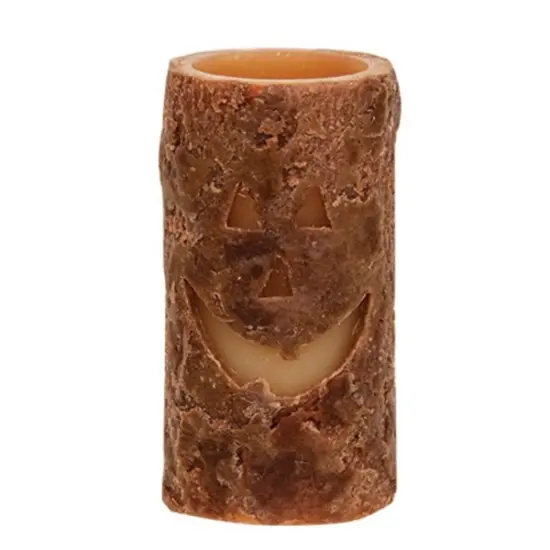 Burnt Orange Jack-O&rsquo;-Lantern Pillar Candle, Battery Operated Halloween Decor {1}
