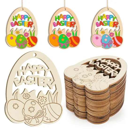 Wooden Easter Ornaments to Paint Spring Decoration Happy Easter Cutouts Unfinished 24PCS 3.5 inches, DIY Blank Unfinished Christmas Tree Wood Discs Ornament for Home Crafts Hanging {1}