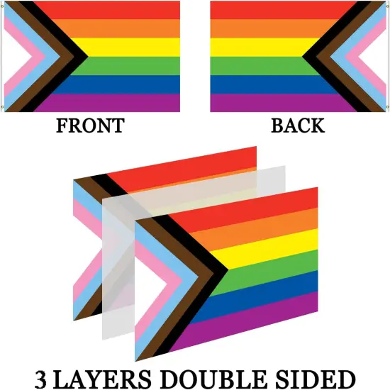 Double Sided Progress Pride Inclusive Rainbow Flag 3x5 Outdoor- 3 Ply 240D 4 Rows Stitched- LGBT Progressive Rainbow Pride Flags 3x5- UV Fade Resistant With Canvas Header & 2 Brass Grommets {3}