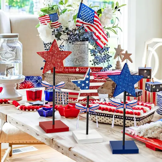 3 Pieces Independence Day Table Decorations Wood Star Set, Patriotic Tiered Tray Decor,Rustic Table Decorations {5}
