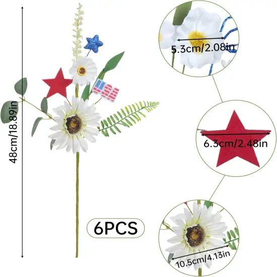 6pcs Silk Wildflower Picks for 4th of July Decorations Artificial Daisy Flowers with Blue & Red Stars Patriotic Decorations {2}