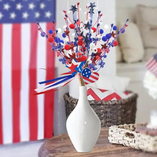 2pcs Patriotic Berry Picks, Artificial Berry Stems 18" Red Blue Star Floral Picks for Floor Vase Decor, Faux Fur Ball Branches for Home Decoration {3}