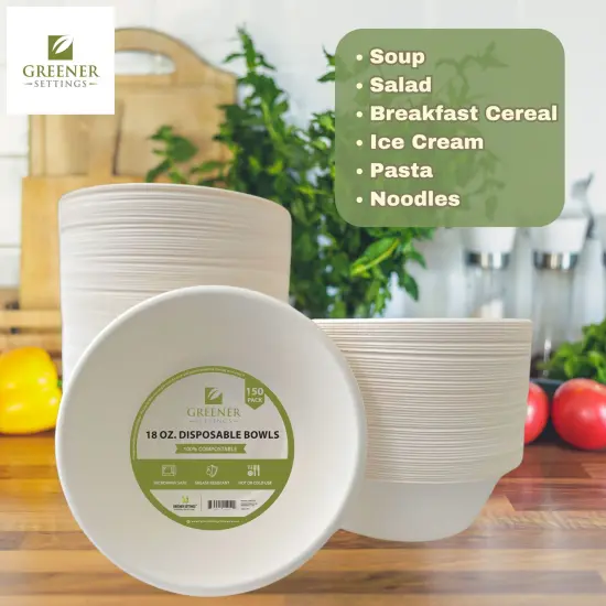 Greener Settings 150-Pack 18 oz Compostable Paper Bowls &ndash; Heavy-Duty Bagasse, Biodegradable, Microwavable, Grease-Resistant, for Hot Soups, Salads, and Snacks {1}