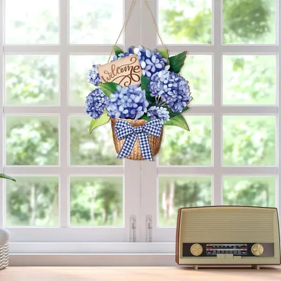 Summer Porch Sign Decor, Hydrangea Flowers Spring Wreath for Front Door, Welcome Hanging Sign for Home, Summer Decor Sign {2}