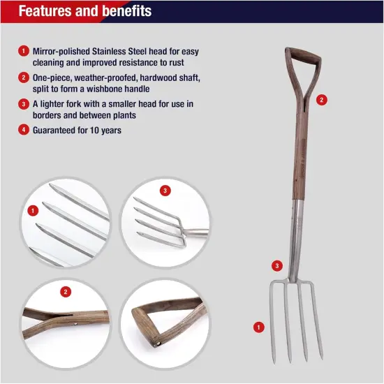 Spear & Jackson Traditional Stainless Steel Border Fork, Durable Heavy Duty Garden Tool, Ideal for Aerating Weeding and Digging, Comfortable Wooden Handle {5}