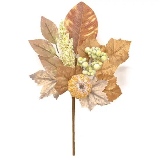 Gold-Brown Wind Washed Fall Foliage Pick with Pumpkin for Autumn Decor {1}