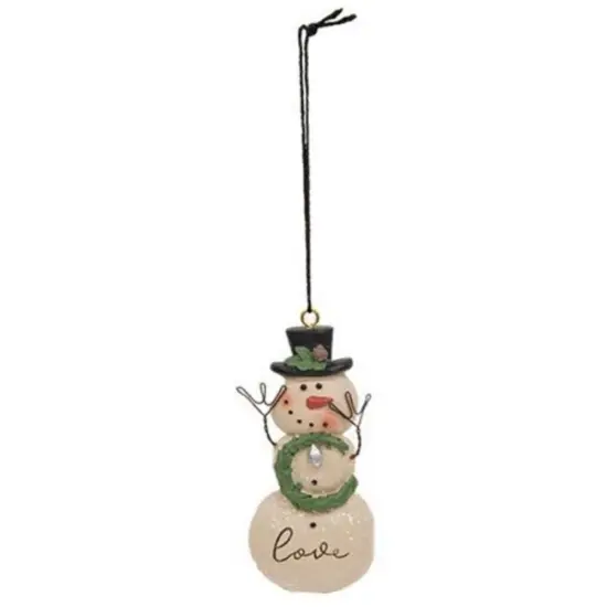 Love Resin Snowman Ornament with Pine Wreath and Black Top Hat {1}