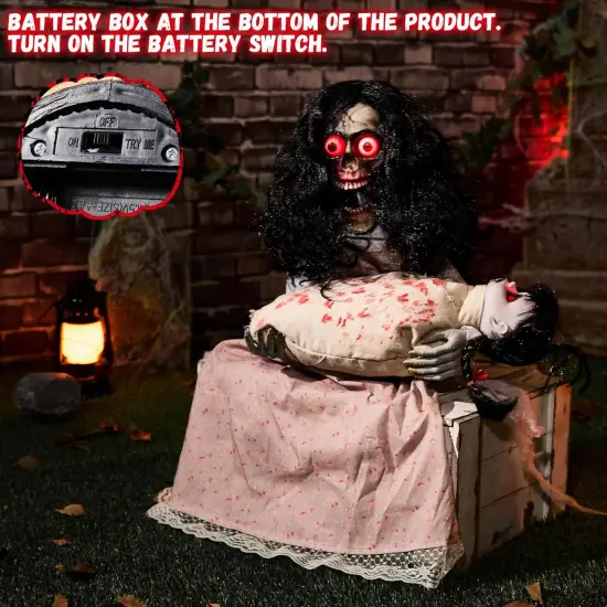 Halloween Animatronics - Creepy Sitting Skeleton & Doll {4}