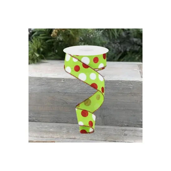1.5" Multi Glitter Dots Ribbon: Lime Green, Red, White (10 Yards) {2}