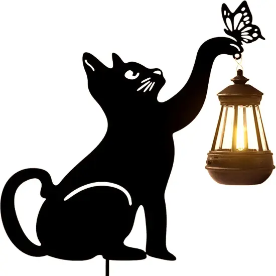Outdoor Garden Decor, Black Cat Figurine Stake with Butterfly (Cat) {1}