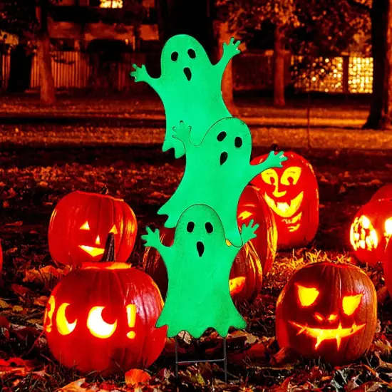 Halloween Yard Stake, 38.6" Glow in The Dark Metal Stacked Ghost with Green {2}